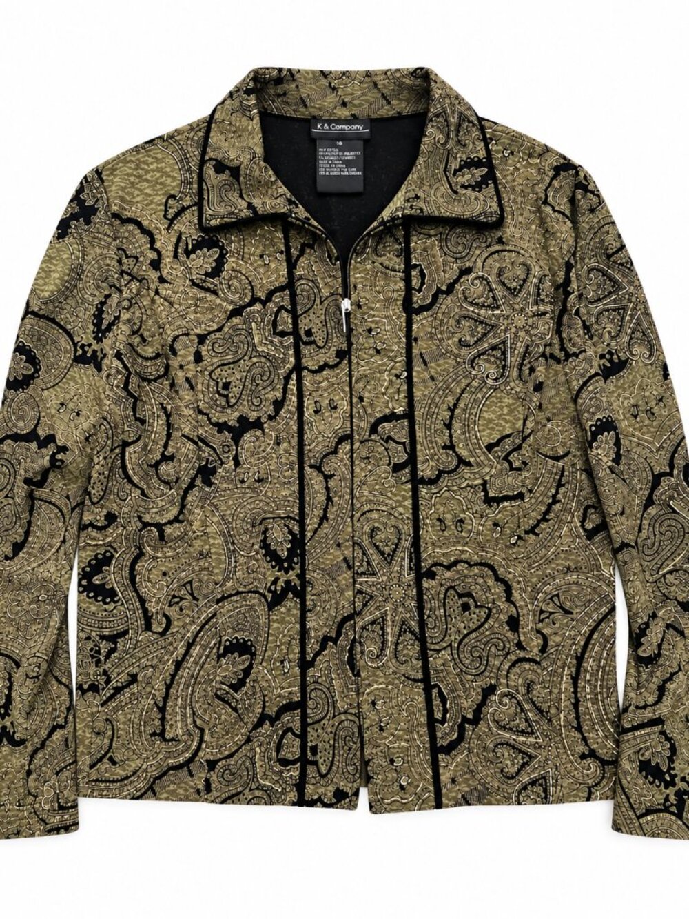 K & Company Paisley Zip Front Jacket Olive Black Size 16